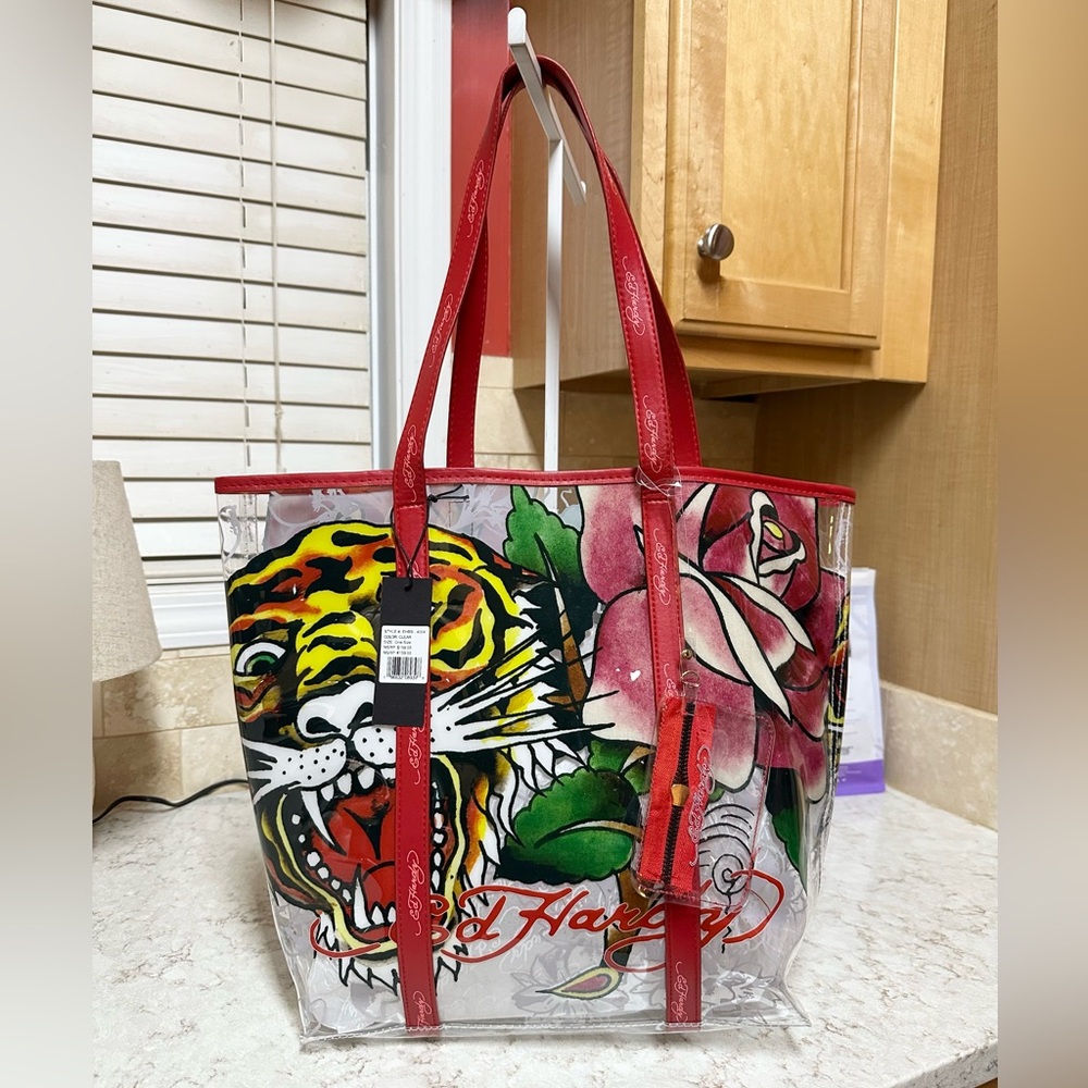 Ed Hardy PVC Clear Tote Bag w/ Tiger & Rose Design, Red Faux Leather Trim